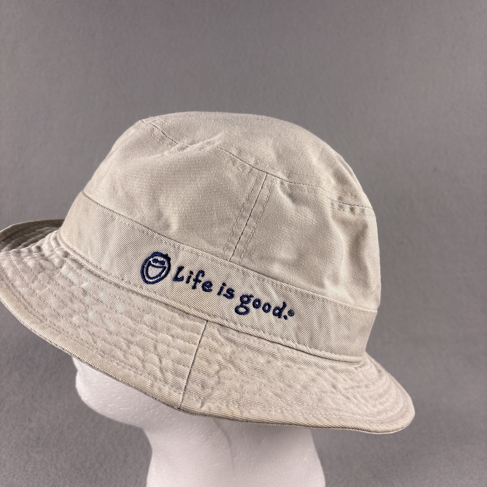 VTG Life Is Good Bucket Hat Size M/L Khaki Fishing Hiking Embroidered Cap